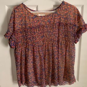 Anthropologie Deletta Mesh Floral Smocked Blouse